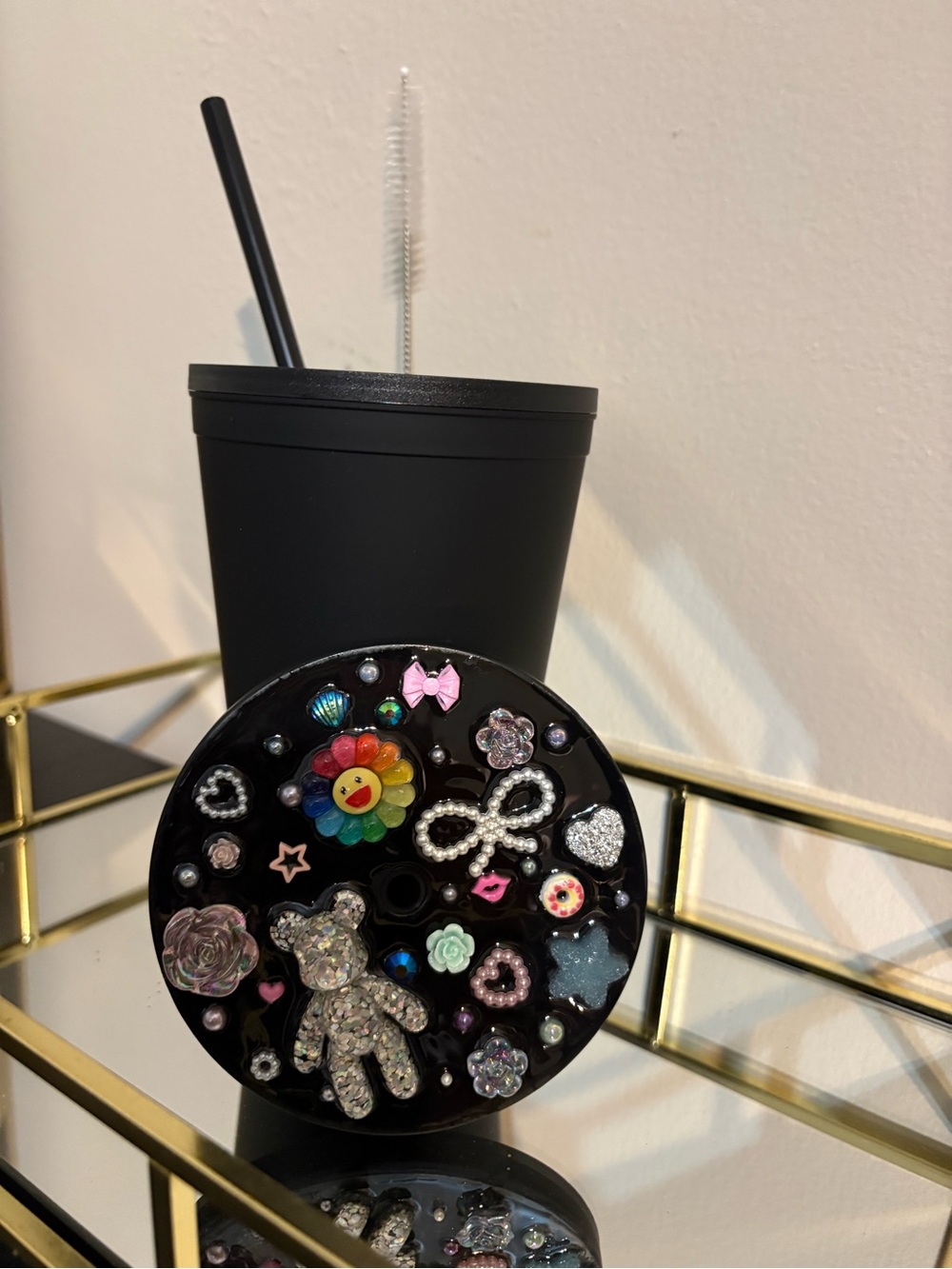 Decorated Black Resin Trinket Dish with Colorful Embellishments